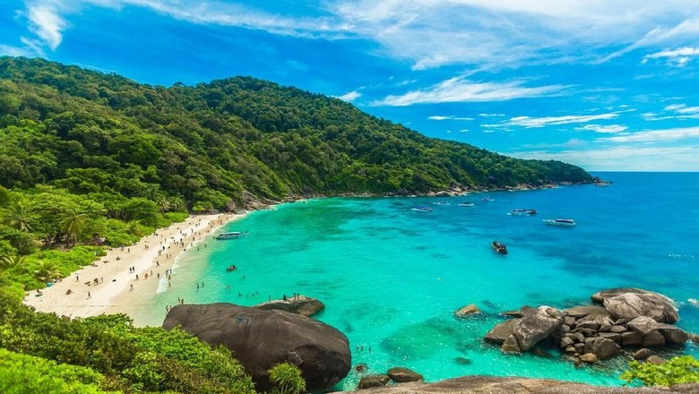 Similan Islands Romantic scene of young love couple take a photo with relaxing and happiness on the beach in Similan islands in Andaman sea at phang nga near Krabi and Phuket in southern of Thailand.