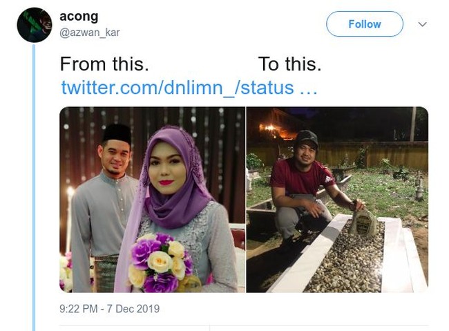 Pria yang tinggal di Kuala Terengganu, Malaysia ini berbagi foto di Twitter dengan keterangan From This To This. Pada foto pertama memperlihatkan Khairul dan Nur yang tengah melangsungkan pernikahan, sementara itu foto selanjutnya menggambarkan Khairul yang berada di pemakaman sang istri. Foto: Twitter