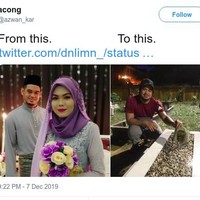 Pria yang tinggal di Kuala Terengganu, Malaysia ini berbagi foto di Twitter dengan keterangan From This To This. Pada foto pertama memperlihatkan Khairul dan Nur yang tengah melangsungkan pernikahan, sementara itu foto selanjutnya menggambarkan Khairul yang berada di pemakaman sang istri. Foto: Twitter