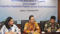 Agar benefit ini dapat terus dirasakan oleh peserta, kedua belah pihak sepakat melakukan pertemuan terbuka untuk mengoptimalkan kerja sama yang telah terjalin selama tiga tahun terakhir. Pertemuan ini dihadiri langsung oleh Direktur Kepesertaan BPJAMSOSTEK, E. Ilyas Lubis dan VP Marketing Airy, Ika Paramita di Kantor Pusat BPJAMSOSTEK, Jakarta Selatan, Rabu (11/12). Foto: dok. Jamsostek