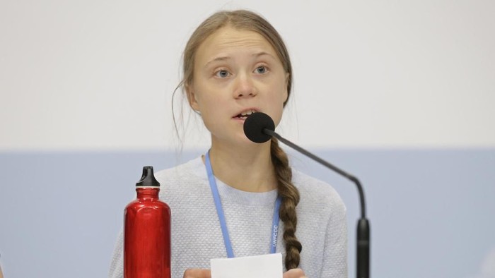 Climate activist Greta Thunberg speaks during a news conference at the COP25 climate summit in Madrid, Spain, Monday, Dec. 9, 2019. Thunberg is in Madrid where a global U.N.-sponsored climate change conference is taking place. (AP Photo/Andrea Comas)