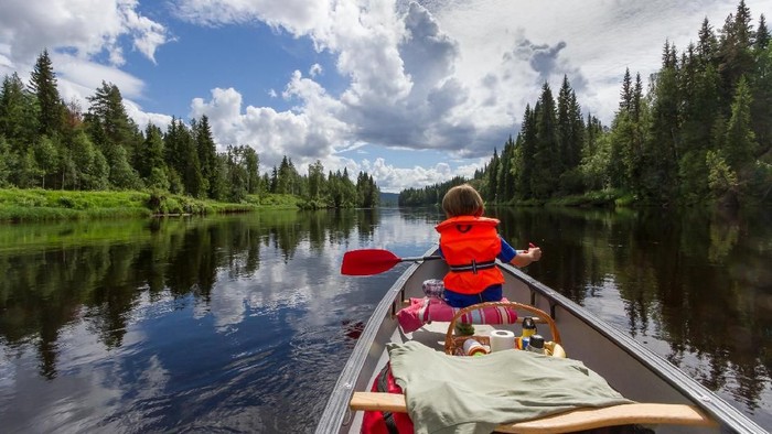 A young boy is paddling a canoe in beautiful summer weather on the perfectly calm river VÃ¤sterdalÃ¤lven in the wilderness of northern Sweden
