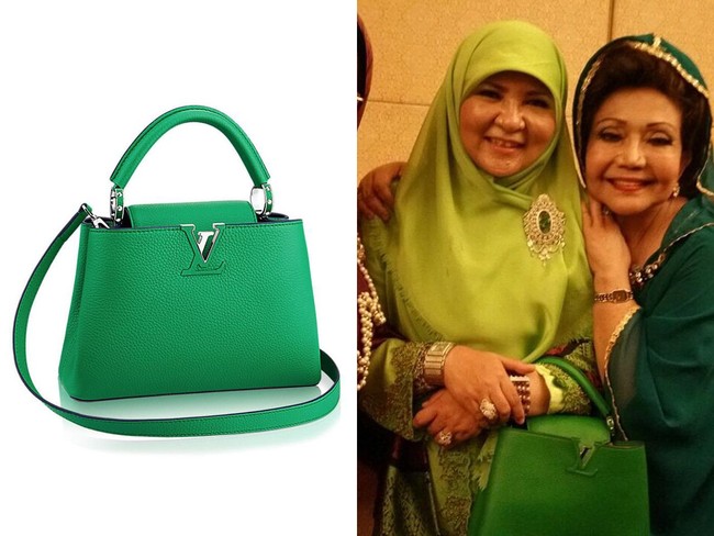 Tidak ketinggalan tas Louis Vuitton seri Capucines berwarna hijau yang matching dengan warna busananya. Harga tas tersebut di kisaran US$ 5000 atau Rp 70 juta. (Foto: Instagram/@nevizuariana)