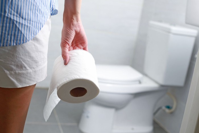 Woman holds toilet paper roll in front of toilet bowl.