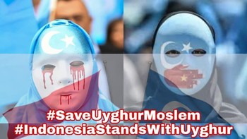 Kompilasi foto-foto aksi bela Uighur dengan topeng yang khas (Twitter)