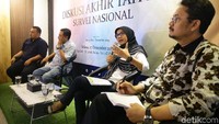 Pakar Politik Dr. Andi Mallarangeng (kedua kiri), Direktur Riset Roda Tiga Konsultan Muhammad Taufiq Arif (kiri), Wakil Direktur Eksekutif Puskapol Fisip UI Hurriyah (kedua kanan) dan Peneliti Senior Network for Democracy and Electoral Integrity Ferry Kurnia (kanan) menjadi narasumber pada survei nasional akhir tahun Roda Tiga Konsultan dengan tema Pandangan dan Harapan Masyarakat terhadap Situasi Sosial Politik Nasional di Jakarta, Selasa (17/12/2019).