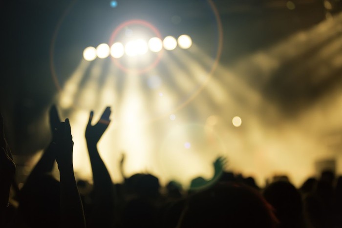 crowd of young people enjoying a music concert with colorful stage lights