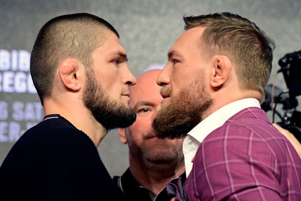 NEW YORK, NY - SEPTEMBER 20: Lightweight champion Khabib Nurmagomedov faces-off with Conor McGregor during the UFC 229 Press Conference at Radio City Music Hall on September 20, 2018 in New York City. (Photo by Steven Ryan/Getty Images)