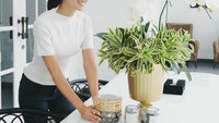 Memakai baju putih yang sederhana dan senyumnya yang manis, ini pose cantik Maudy Ayunda dengan beberapa toples kue kering yang nikmat. Foto: Instagram @maudyayunda