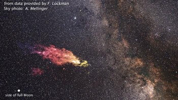 Awan Smith memiliki massa setara 1 juta bintang, dan luasnya sekitar 20 kali Bulan purnama. Ia disebut akan menabrak galaksi Bima Sakti 27 juta tahun dari sekarang. Foto: NASA