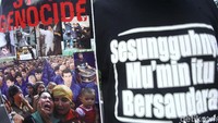 Massa membawa berbagai poster tentang penindasan yang dialami muslim Uighur.