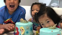 Ryan memamerkan senyum lebar saat menemani perayaan ulang tahun adiknya, Emma dan Kate. Kue ulang tahun tema princess pun sukses mencuri perhatian. Foto: Instagram ryantoysreview