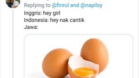 Cuitan ini pun mendapat banyak balasan yang tak kalah kreatif. Bahkan total cuitan ini sudah dibagikan ulang lebih dari 10 ribu kali. Kalau ini sebutan untuk anak perempuan Ndok yang sebutannya mirip Endog alias telur. Foto: twitter