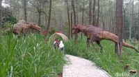 Di tempat wisata alam yang berada di ketinggian 1.389 MDPL di gunung Lawu tersebut, pengunjung bisa ketemu dinosaurus raksasa di antara pohon hutan Pinus yang rindang. (Foto: Sugeng Harianto/detikcom)