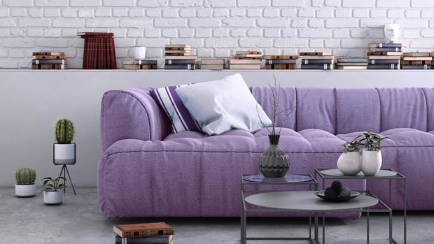 ilustrasi rumah Home apartment interior, living room with large sofa, lots of decor and elements, plant, vase, coffee table, carpet, pastel colors with many elements around. lots of pillows, modern contemporary hipster style interior. copy space wall for designers