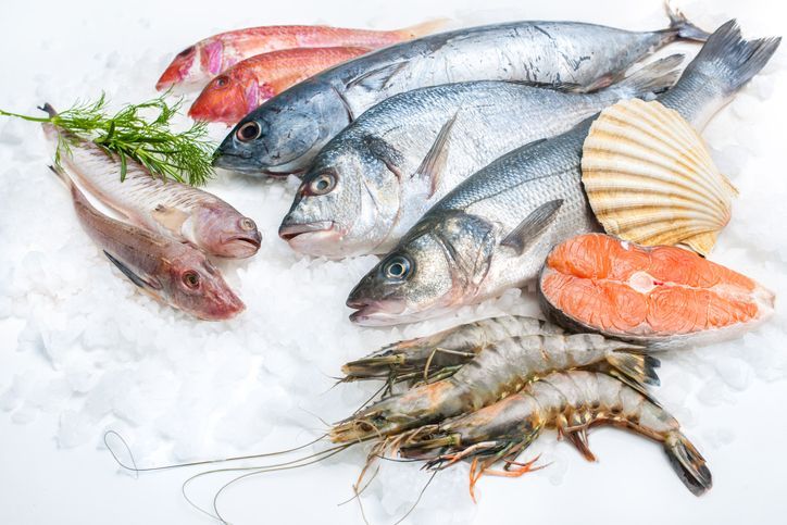 Variety of fresh seafood on ice