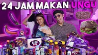 Uniknya konten yang mereka buat, 24 jam hanya menyantap makanan serba ungu. Dari pasta, burger, snack, hingga minuman. Foto: YouTube/Instagram