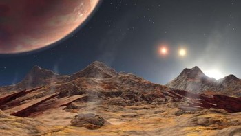 Tiga Matahari. Julukan ini disematkan pada exoplanet bernama LTT 1445Ab karena memiliki bintang rangkap tiga. Berjarak 22,5 tahun cahaya dari Bumi, exoplanet ini jadi kandidat sempurna untuk eksplorasi atmosfer masa depan berkat posisinya yang berada di antara bintang-bintang dan Bumi. Foto: NASA