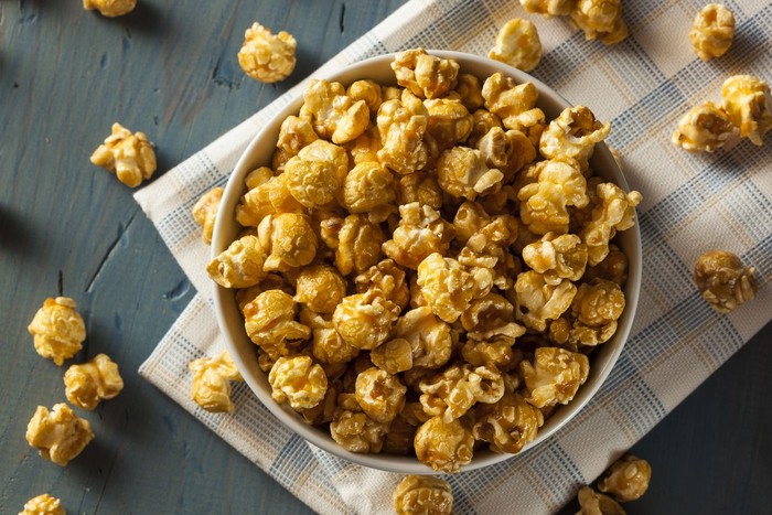 Food photography closeup photo of popcorn in cooked a pan