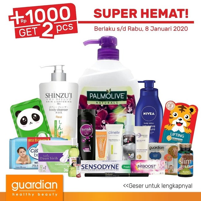 Tak hanya brand-brand busana, Anda yang butuh produk-produk kesehatan dan kecantikan juga bisa mencari opsinya yang susut harga di Guardian. Beragam promo dihadirkan salah satunya +1000 dapat dua untuk produk-produk Nivea Body Lotion, Purbasari Ultra Smooth Brow Liner, Shinzui Body Cleanse, Im Boost, Guardian Cute on Cheek, dan lain-lain. Foto: Twitter