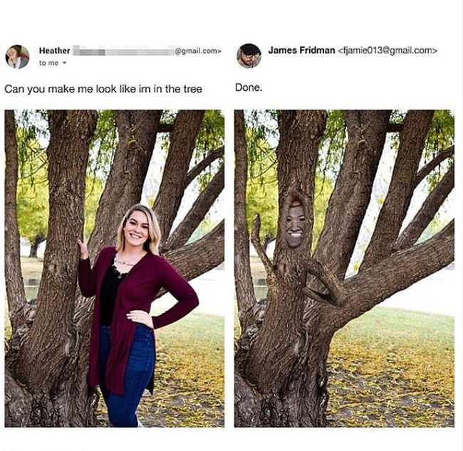Padahal maksud permintaan orangnya agar orang tersebut bisa terlihat ada di atas pohon, bukannya berada di dalam pohon. Kalau kayak gini sih bukannya keren malah jadi terlihat seram tapi lucu nggak sih? Foto: Instagram @fjamie013