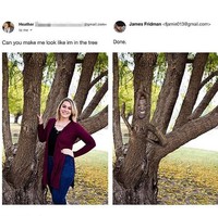 Padahal maksud permintaan orangnya agar orang tersebut bisa terlihat ada di atas pohon, bukannya berada di dalam pohon. Kalau kayak gini sih bukannya keren malah jadi terlihat seram tapi lucu nggak sih? Foto: Instagram @fjamie013