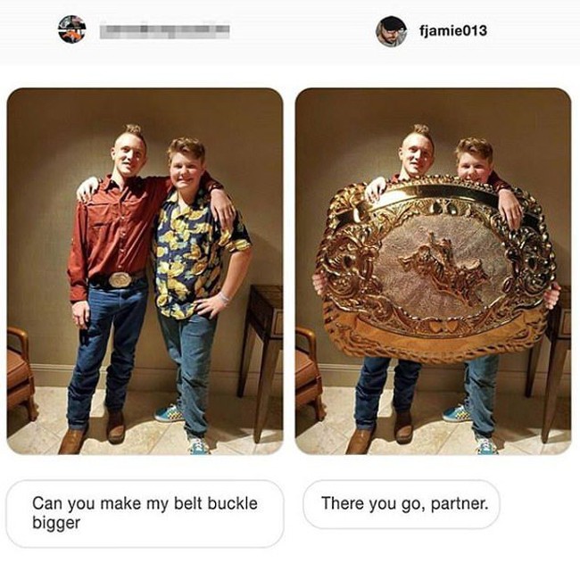 Di foto ini sih hasilnya memang sesuai dengan permintaan, tapi nggak segede ini juga dong ngedit sabuk gespernya. Foto: Instagram @fjamie013