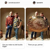 Di foto ini sih hasilnya memang sesuai dengan permintaan, tapi nggak segede ini juga dong ngedit sabuk gespernya. Foto: Instagram @fjamie013