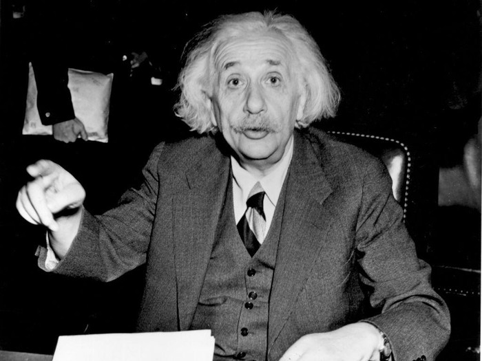German born American physicist Albert Einstein (1879 - 1955), 1946.   (Photo by Central Press/Getty Images)
