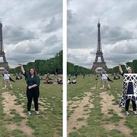 Nah kalau foto yang satu ini bagaimana nih menurutmu? Agar si wanita bisa terlihat memegang ujung dari menara Eiffel, maka James mengedit fotonya dengan membuat si wanita terlihat seperti sedang mengenakan kostum. Tapi yang penting kan wanita ini berhasil memegang ujung menara Eiffel bukan? Foto: Instagram @fjamie013