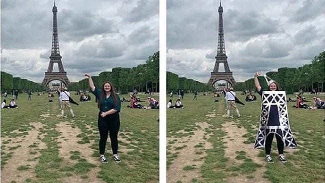 Nah kalau foto yang satu ini bagaimana nih menurutmu? Agar si wanita bisa terlihat memegang ujung dari menara Eiffel, maka James mengedit fotonya dengan membuat si wanita terlihat seperti sedang mengenakan kostum. Tapi yang penting kan wanita ini berhasil memegang ujung menara Eiffel bukan? Foto: Instagram @fjamie013