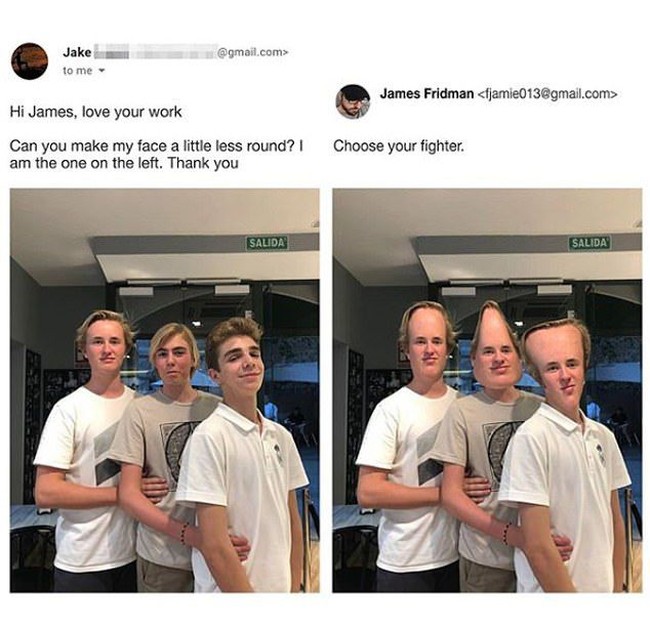 Sebenarnya pria ini hanya meminta wajahnya saja yang diedit agar tidak terlihat terlalu bulat, tetapi lagi-lagi James memiliki pengertian yang berbeda dan justru mengubah wajah ketiga pria dalam foto menjadi bentuk yang berbeda-beda. Foto: Instagram @fjamie013