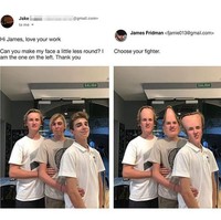 Sebenarnya pria ini hanya meminta wajahnya saja yang diedit agar tidak terlihat terlalu bulat, tetapi lagi-lagi James memiliki pengertian yang berbeda dan justru mengubah wajah ketiga pria dalam foto menjadi bentuk yang berbeda-beda. Foto: Instagram @fjamie013