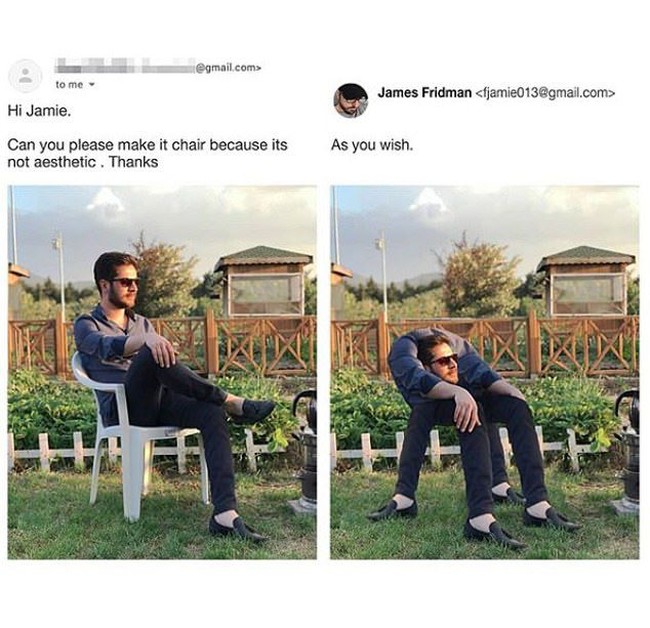 Maksud hati ingin memiliki foto yang lebih estetis dengan meminta James menghilangkan kursi putih plastik yang dia duduki. Tapi untuk membuatnya semakin terlihat estetis, James justru menjadikan si pria sebagai bangkunya sendiri. Gimana nih menurutmu? Foto: Instagram @fjamie013