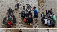 Warga menggunakan jasa ojek gerobak untuk melintasi banjir, Rabu (1/1/2020).