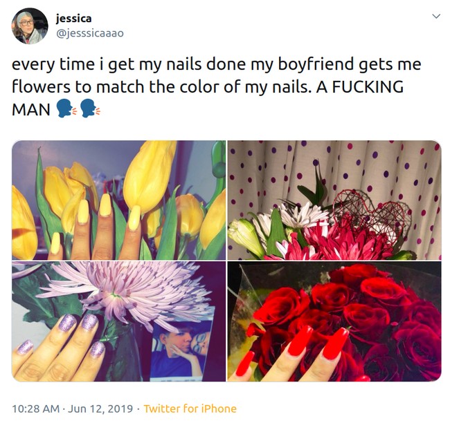 Jika ada seorang pria yang rajin membelikan bunga apalagi menyesuaikan warnanya dengan manikur kamu seperti ini cukup pantas dipertahankan. Foto: Twitter