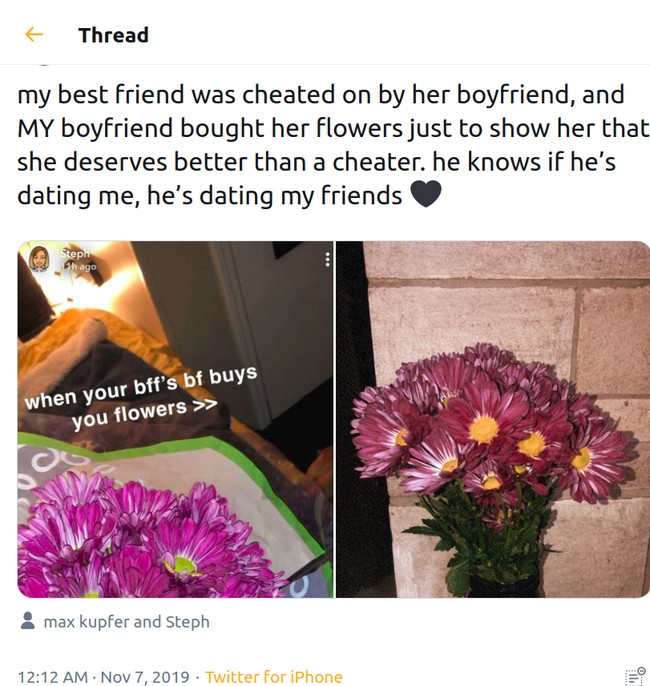 Pria yang baik bukan hanya baik dengan pacarnya. Seperti pria ini yang membelikan sahabat sang pacar bunga ketika tahu dia diselingkuhi mantan. Foto: Twitter