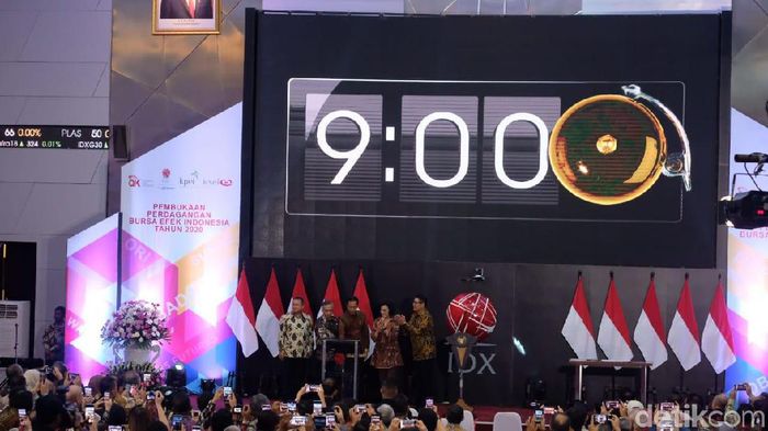 Foto: Jokowi (tengah) Membuka Perdagangan Saham 2020 (Andhika Prasetya) Foto: Jokowi (tengah) Membuka Perdagangan Saham 2020 (Andhika Prasetya)