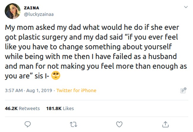 Seorang istri mengaku ingin operasi plastik kepada suaminya. Balasan sang suami pun bikin meleleh. Jika kamu merasa harus mengubah sesuatu pada dirimu sendiri, selama denganku, maka aku telah gagal sebagai suami dan pria karena tidak membuat merasa cukup, Foto: Twitter