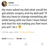 Seorang istri mengaku ingin operasi plastik kepada suaminya. Balasan sang suami pun bikin meleleh. Jika kamu merasa harus mengubah sesuatu pada dirimu sendiri, selama denganku, maka aku telah gagal sebagai suami dan pria karena tidak membuat merasa cukup, Foto: Twitter