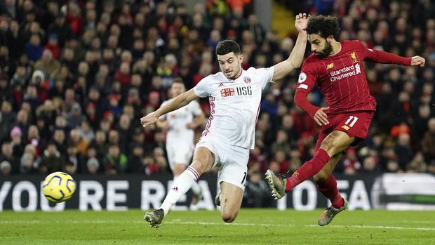 Mohamed Salah cetak gol pertama Liverpool ke gawang Sheffield United. (