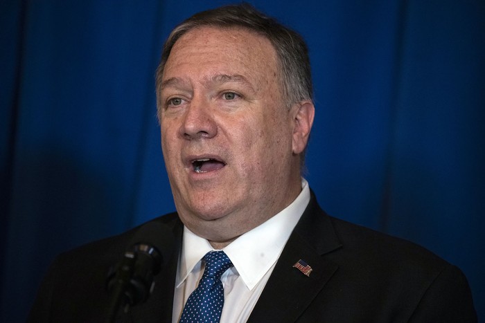 Secretary of State Mike Pompeo delivers a statement on Iraq and Syria, at President Donald Trumps Mar-a-Lago property, Sunday, Dec. 29, 2019, in Palm Beach, Fla. (AP Photo/ Evan Vucci)