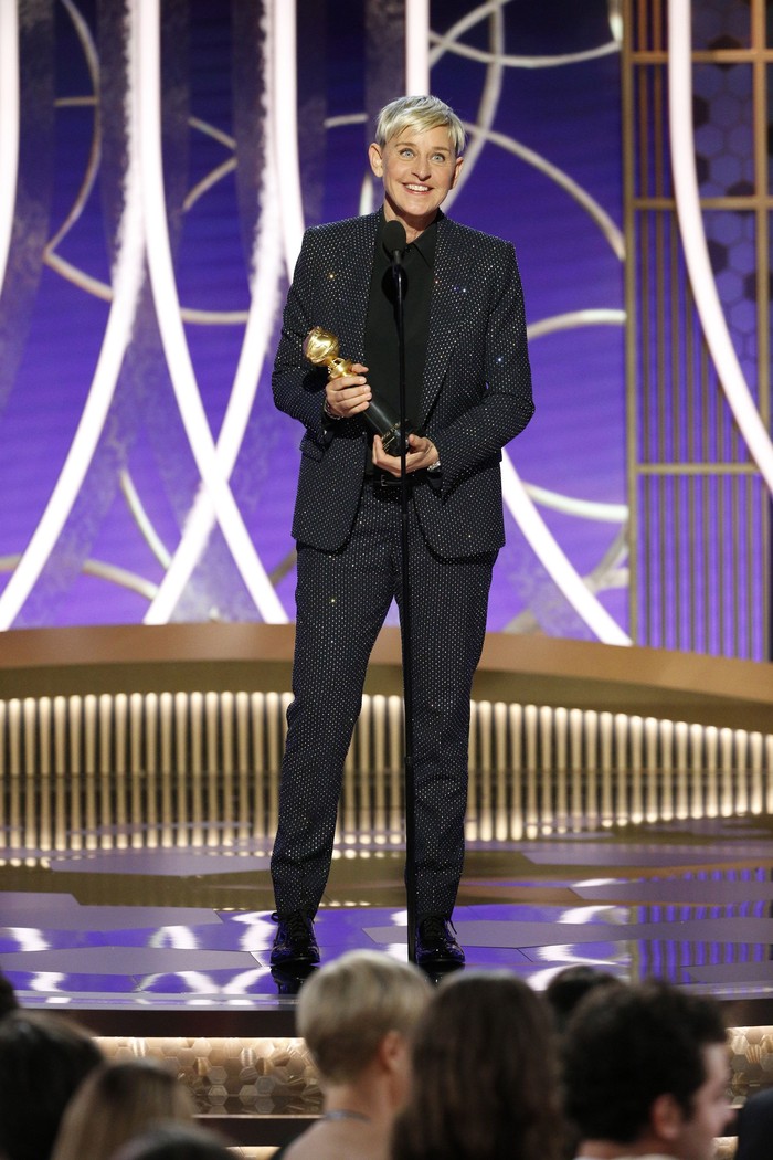 Ellen DeGeneres BEVERLY HILLS, CALIFORNIA - JANUARY 04: In this handout photo provided by NBCUniversal Media, LLC, Ellen DeGeneres accepts the CAROL BURNETT AWARD onstage during the 76th Annual Golden Globe Awards at The Beverly Hilton Hotel on January 5, 2020 in Beverly Hills, California. (Photo by Paul Drinkwater/NBCUniversal Media, LLC via Getty Images)