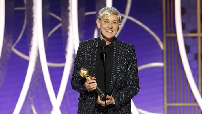 BEVERLY HILLS, CALIFORNIA - JANUARY 04: In this handout photo provided by NBCUniversal Media, LLC, Ellen DeGeneres accepts the CAROL BURNETT AWARD onstage during the 76th Annual Golden Globe Awards at The Beverly Hilton Hotel on January 5, 2020 in Beverly Hills, California. (Photo by Paul Drinkwater/NBCUniversal Media, LLC via Getty Images)