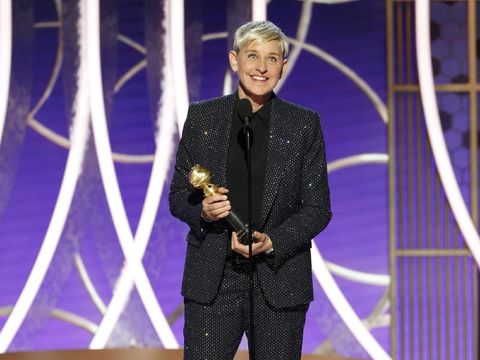 BEVERLY HILLS, CALIFORNIA - JANUARY 04: In this handout photo provided by NBCUniversal Media, LLC, Ellen DeGeneres accepts the CAROL BURNETT AWARD onstage during the 76th Annual Golden Globe Awards at The Beverly Hilton Hotel on January 5, 2020 in Beverly Hills, California. (Photo by Paul Drinkwater/NBCUniversal Media, LLC via Getty Images)