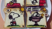 Snoopy dan Woodstock ini juga Itselaine gambarkan bercerita di atas roti tawar yang lembut. Tenang saja, roti ini bisa dimakan kok. Karena karakter-karakter ini terbuat dari bahan yang aman untuk dimakan. Foto: Instagram @iselaine_wai