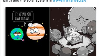 Kartun ini mengilustrasikan bahwa planet lain prihatin dengan Bumi lantaran manusia membuat kerusakan terus menerus. Foto: Twitter