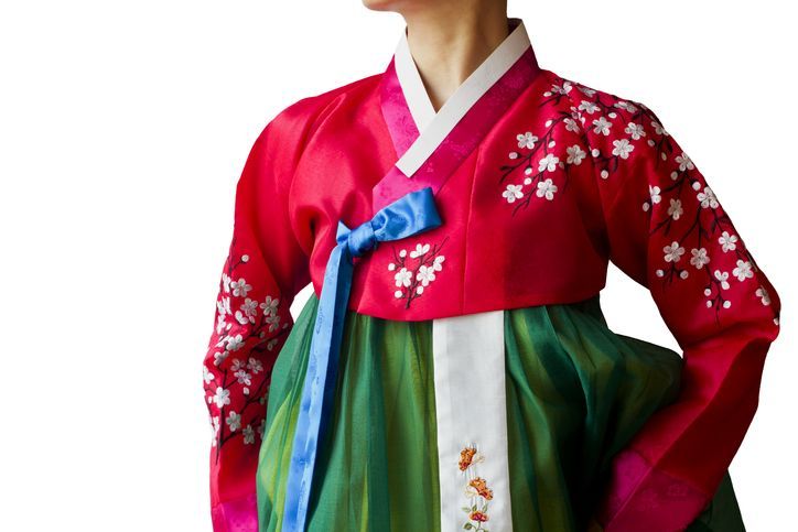 Hanbok, Korean traditional silk dress., Holiday backgrounds, red, green, colorful, thanksgiving, embroidery,