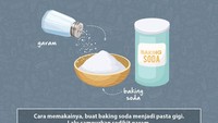 Baking soda disebut dapat menghilangkan dan membersihkan karang gigi yang sudah parah dan mengeras. Cara memakainya, buat baking soda menjadi pasta gigi. Lalu campurkan sedikit garam. Foto: infografis detikHealth