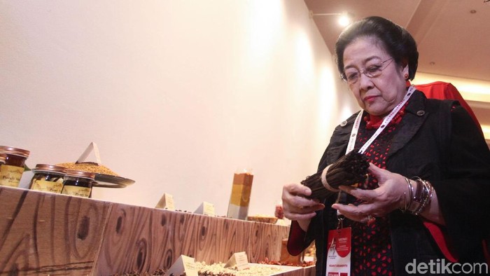 Ketum PDIP Megawati Soekarnoputri meninjau langsung pameran rempah di area Rakernas I dan HUT ke-47 PDIP. Megawati terlihat didampingi oleh Sekjen PDIP Hasto Kristianto.